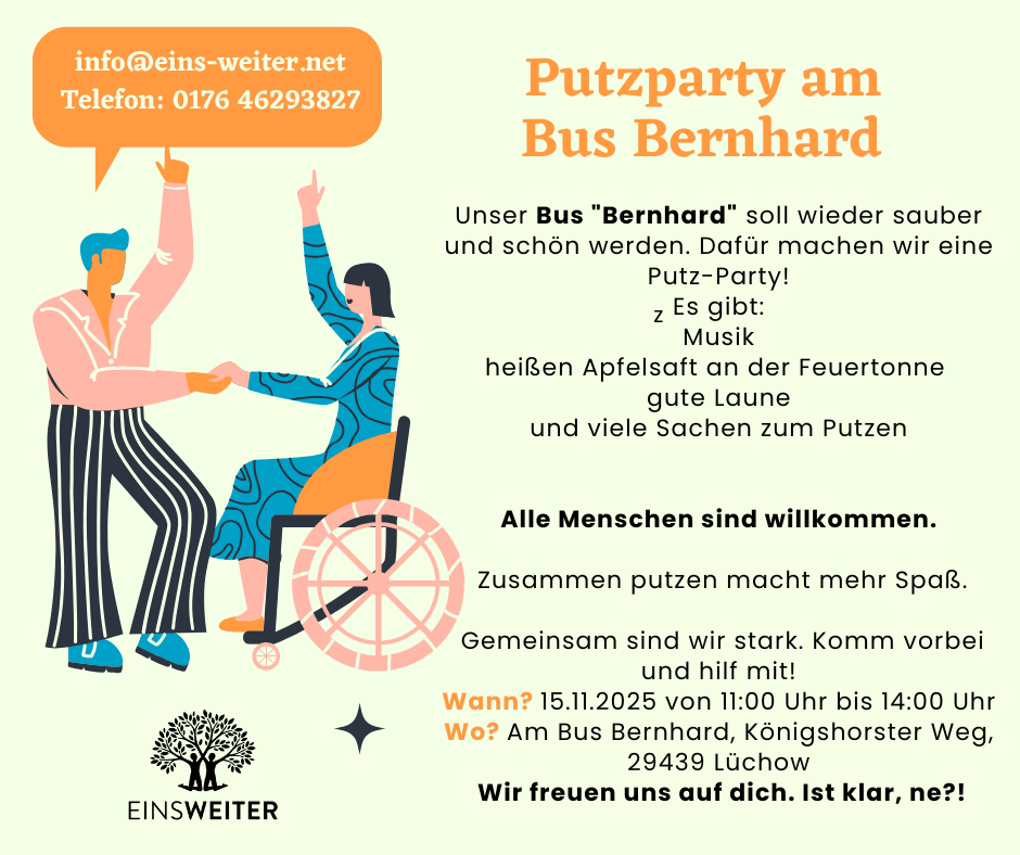 Das Bild ist eine Ankündigung und Einladung zu der Putz-Party am 15. November. Auf dem Bild ist eine Rollifahrerin und ein zweiter Mensch zu sehen, die zusammen tanzen. 
