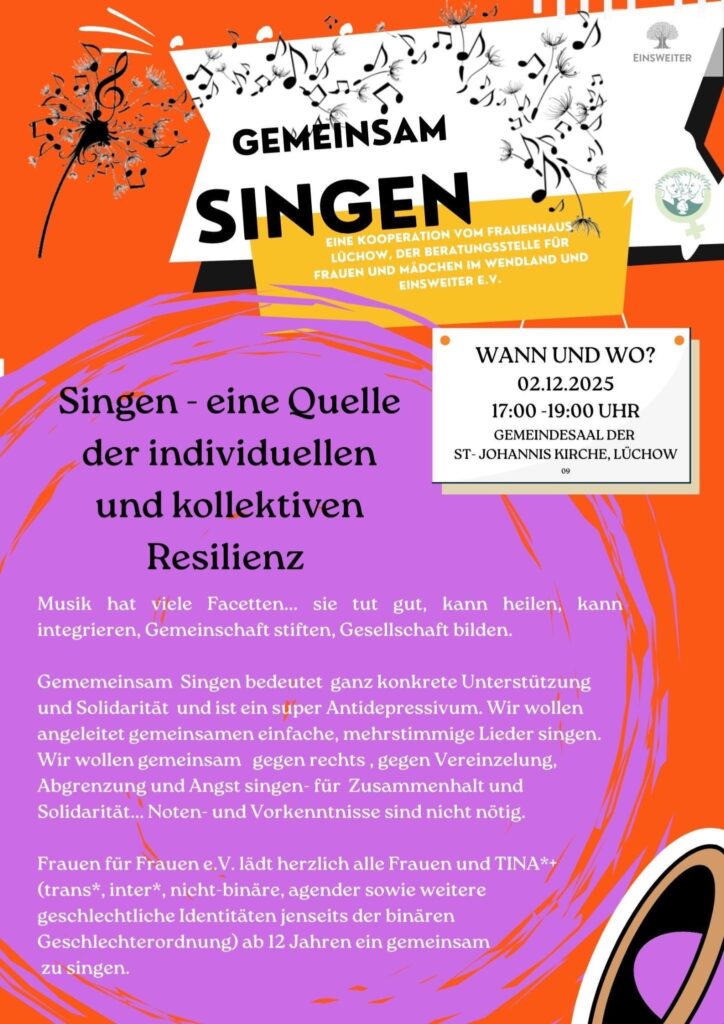 Der Flyer ist in Orange und Weiß gehalten. In er unteren rechten Ecke ist ein Megafon. Oben links ist ein Bild von einer Pusteblume. Es finden sich ein Logo von der Beratungsstelle für Frauen und Mädchen im Wendland und EinsWeiter e.V.