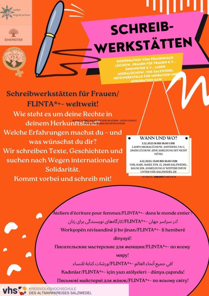 Der Flyer ist in Orange und Weiß gehalten. Es befinden sich vier Logos auf dem Bild. EinsWeiter e.V., Frauen für Frauen e.V., Kreisvolkshochschule Salzwedel und LadenMigra