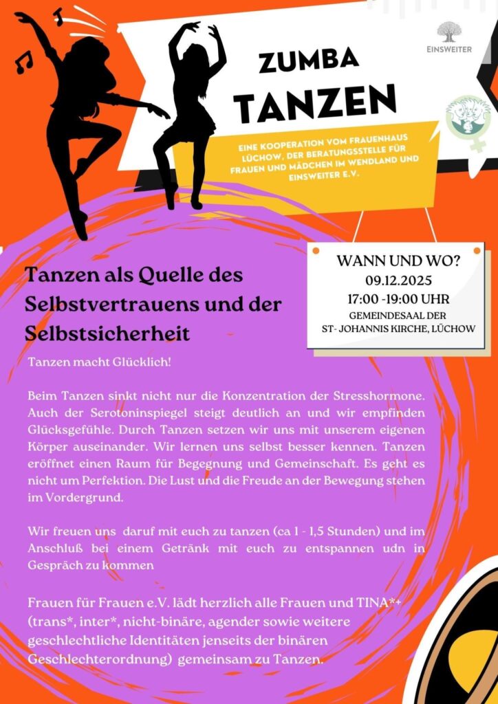 Der Flyer ist in Orange und Lila gehalten. Oben links sind schwarze Silhouetten von sich bewegenden FLINTA* zu sehen. Es befinden sich zwei Logos auf dem Bild. EinsWeiter e.V., Frauen für Frauen e.V.