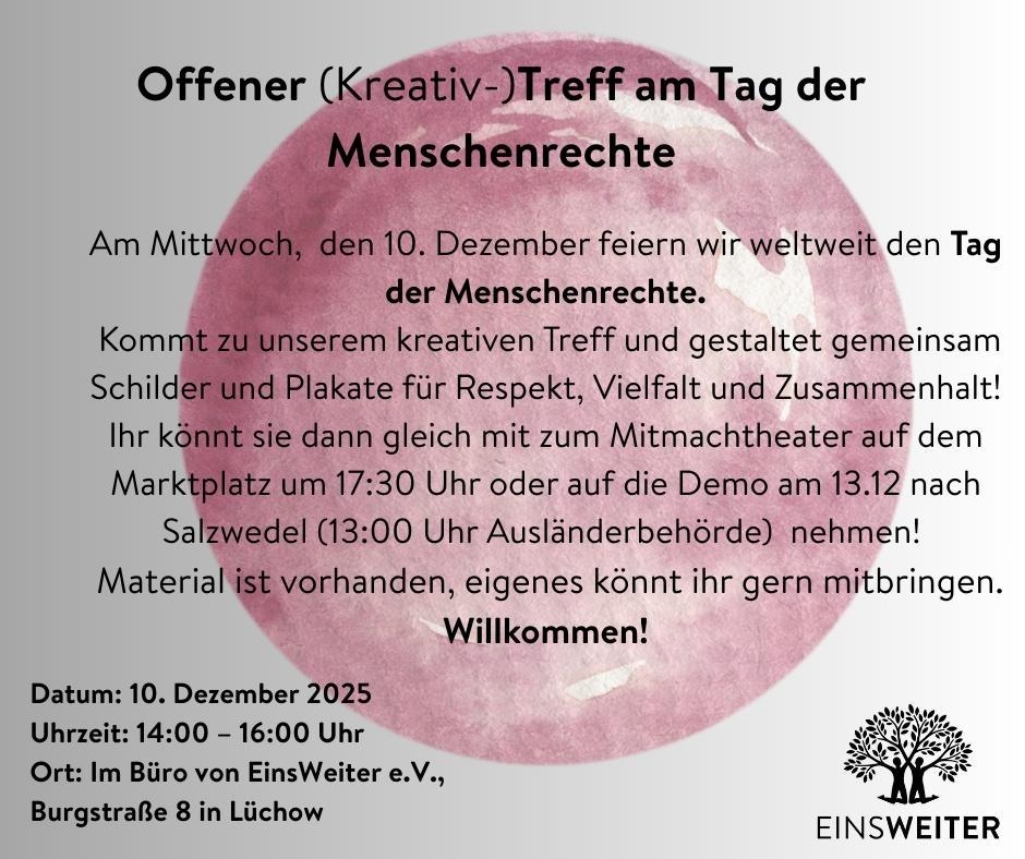 Auf dem Bild ist im Hintergrund ein großer, violetter Mond abgebildet und unten rechts das Logo von EinsWeiter e.V. Mit schwarzer Schrift ist die Ankündigung der Veranstaltung aufgeführt.