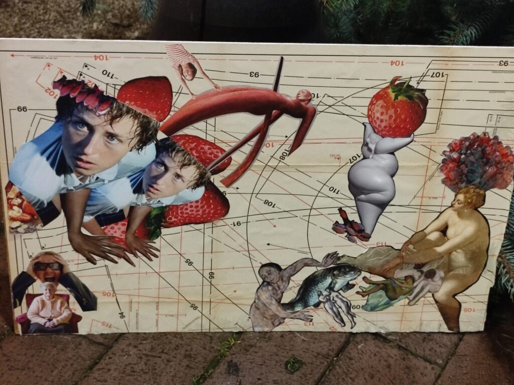 Kollage aus Erdbeeren und verschiedenen Figuren.