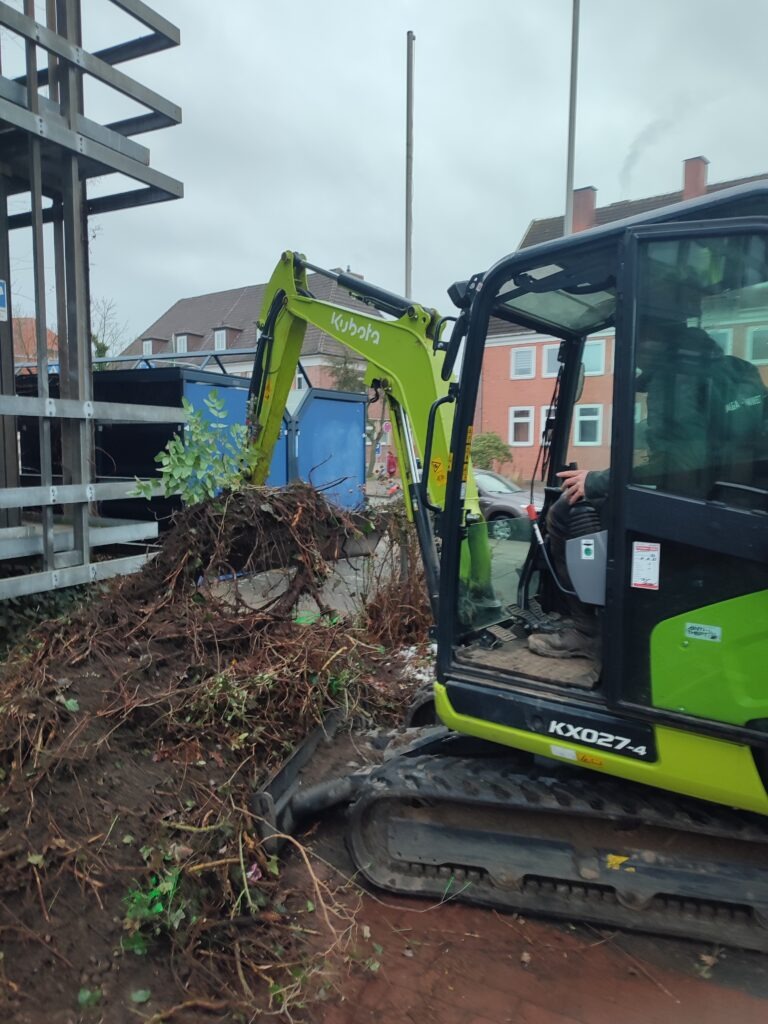 Ein Bagger entfernt Grünzeug vor dem Alten Rathaus in Lüchow.