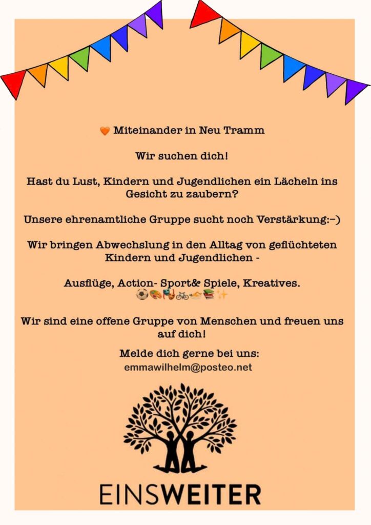 Der Aufruftext mit der Suche nach weiteren Aktiven steht auf blassorangenem Hintergrund. Über dem Text zieren zwei bunte Wimpelketten den oberen Rand, unten ist das Logo von EinsWeiter abgebildet.