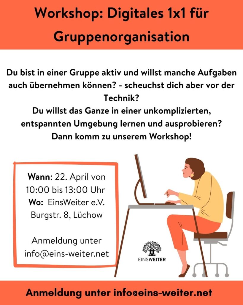 Das Bild ist in hellen und dunklen Orangetönen gehalten. In der unteren rechte Ecke ist eine Person, welche auf dem Computer auf dem Schreibtisch vor ihr tippt. Oben rechts befindet sich das Logo von EinsWeiter e.V.